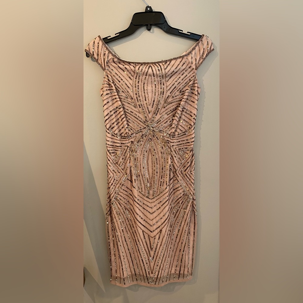 Adrianna Papell Beaded Cocktail Dress. Size 6P. Blush Color
